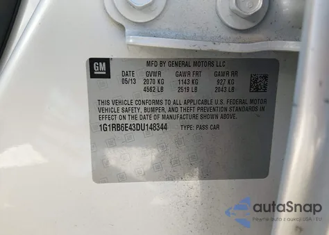 2013 Chevrolet Volt z USA, uszkodzony, nr VIN 1G1RB6E43DU148344